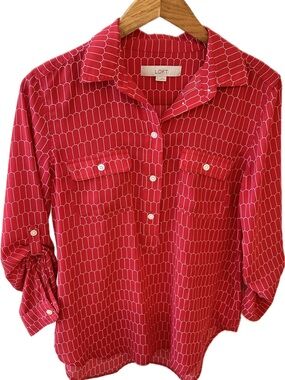 LOFT Red Geometric Button-Up Blouse